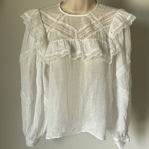 Reset White Linen Lace Flutter Ruffle Puff Sleeve Top Doen Vibes